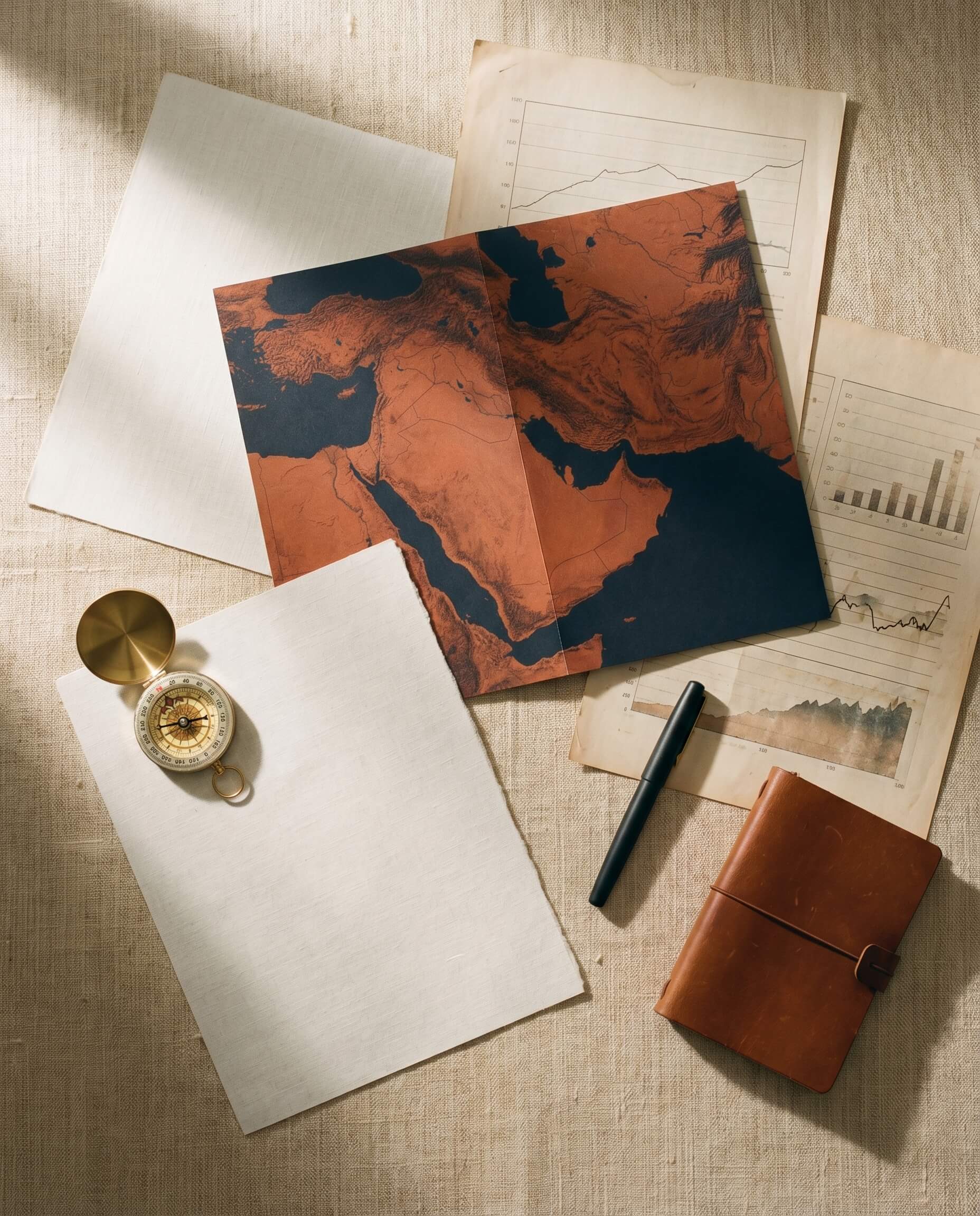 Editorial still life of research materials and a brass compass